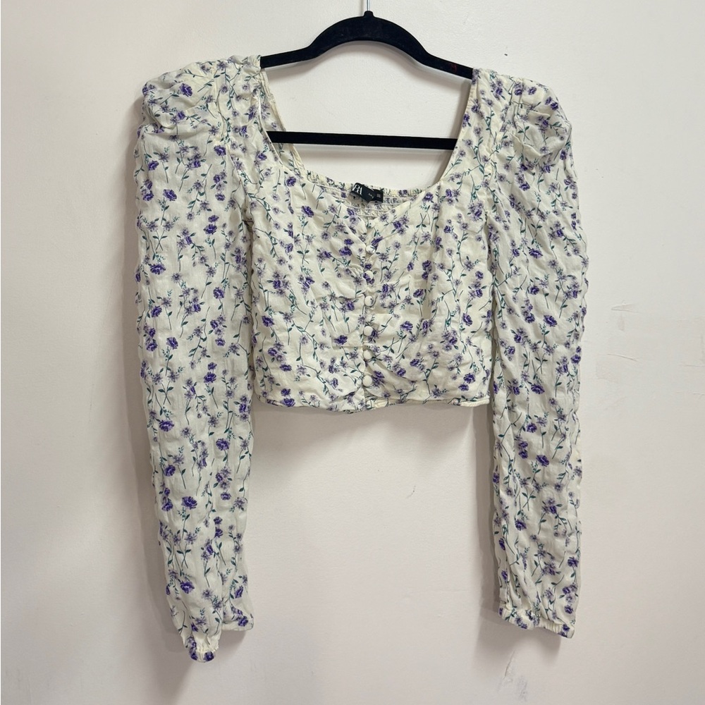 Zara Cream And Lavender Novelty Print Cottagecore Button Up Crop Blouse  Size XS